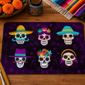 Mantel Individual Día de Muertos Modelo Catrines Mexicanos con Calaveras Decoradas y Sombreros Tradicionales.