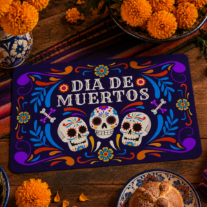 Mantel Individual Día de Muertos Modelo Calaveras de Fiesta 37 x 25 cm Lavable Decoración Mexicana.