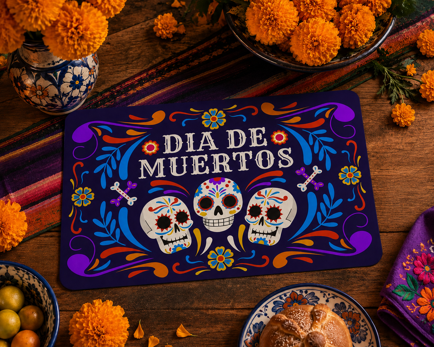 Mantel Individual Día de Muertos Modelo Calaveras de Fiesta 37 x 25 cm Lavable Decoración Mexicana.