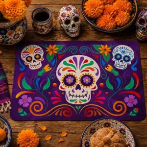 Mantel Individual Día de Muertos Modelo Alma Mexicana con Calaveras y Flores Decoración Mexicana.