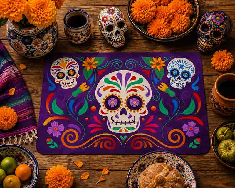 Mantel Individual Día de Muertos Modelo Alma Mexicana con Calaveras y Flores Decoración Mexicana.