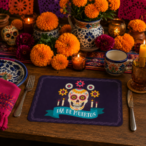 Mantel Individual Día de Muertos Modelo Ofrenda de Flores con Calavera Mexicana y Diseño Floral.