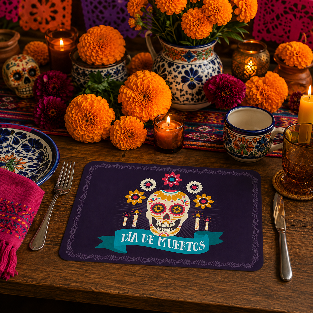 Mantel Individual Día de Muertos Modelo Ofrenda de Flores con Calavera Mexicana y Diseño Floral.