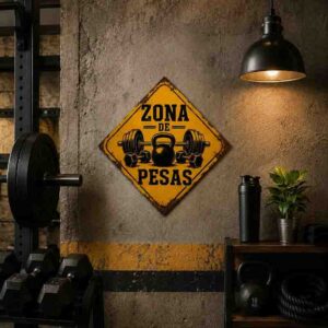 Placa Decorativa Zona de Pesas en MDF para Gimnasio Home Gym Área Fitness 30x30 cm.