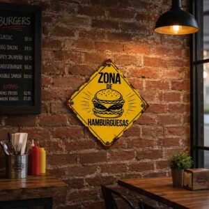 Placa Decorativa Zona de Hamburguesas en MDF para Cocina Restaurante Bar 30x30 cm.