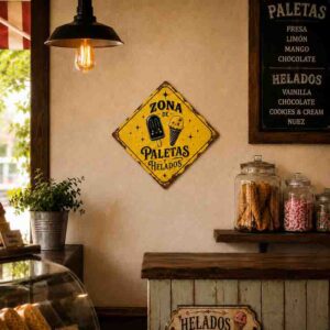 Placa Decorativa Zona de Paletas y Helados en MDF para Heladería Paletería Cocina 30x30 cm.
