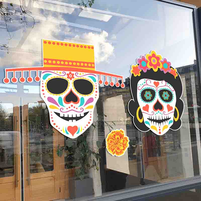 Vinil Decorativo Día de Muertos para Ventana con Calaveras Mexicanas. - Imagen 3
