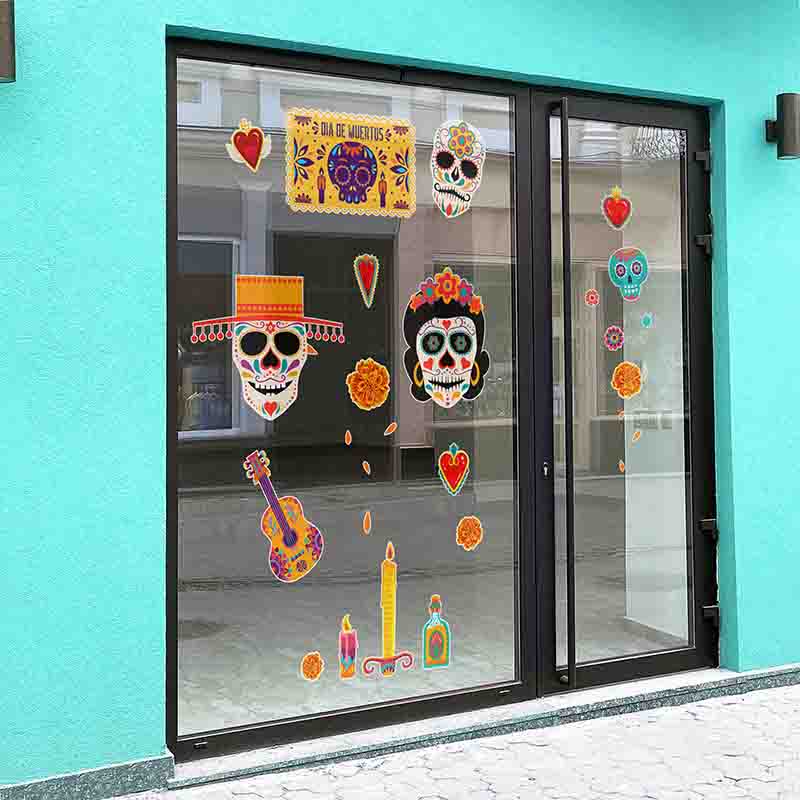 Vinil Decorativo Día de Muertos para Ventana con Calaveras Mexicanas.