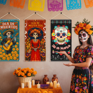 Set de 3 Pendones Día de Muertos con Catrina y Calaveras