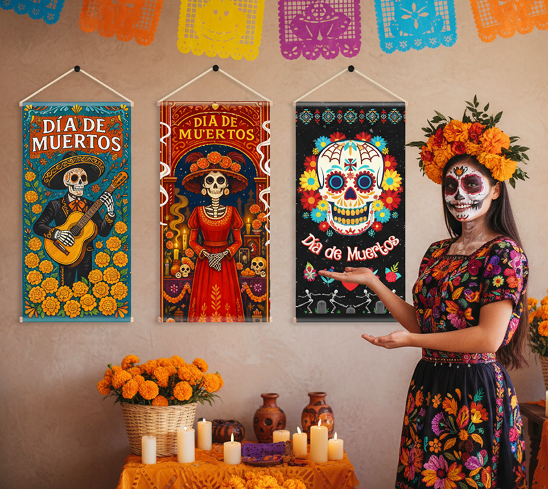 Set de 3 Pendones Día de Muertos con Catrina y Calaveras
