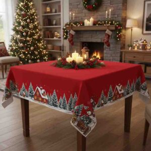 Mantel Navideño Mod. Paisaje Nevado Rojo de Poliéster