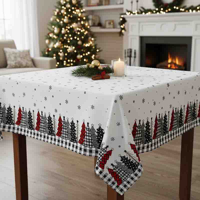 Mantel Navideño Mod. Navidad Clásica Blanco con Pinos