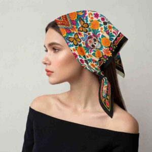 Mascada Mexicana Día de Muertos con Calaveras y Cempasúchil