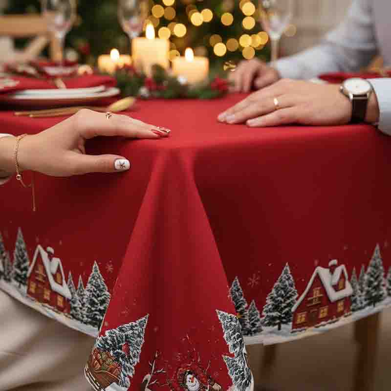 Mantel Navideño Mod. Paisaje Nevado Rojo de Poliéster - Imagen 2