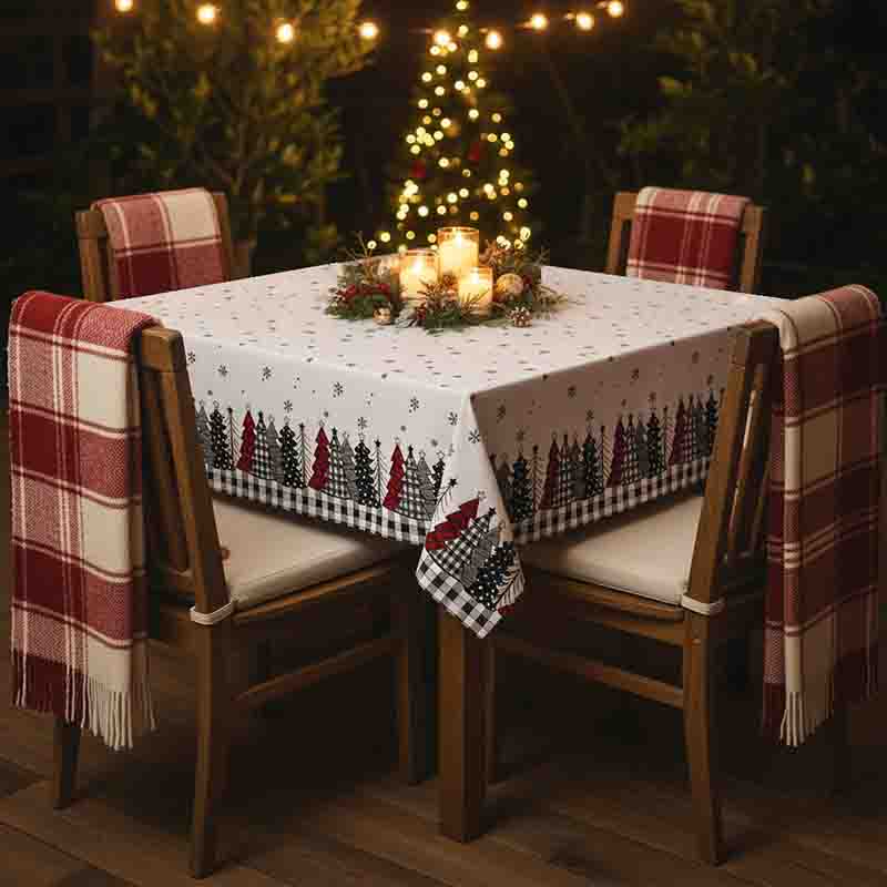 Mantel Navideño Mod. Navidad Clásica Blanco con Pinos - Imagen 2