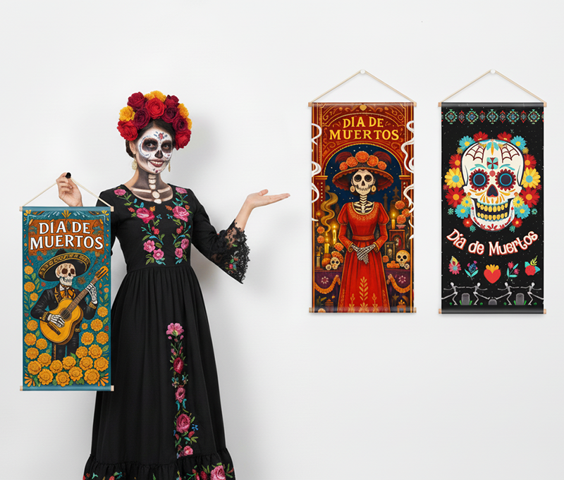 Set de 3 Pendones Día de Muertos con Catrina y Calaveras - Imagen 2
