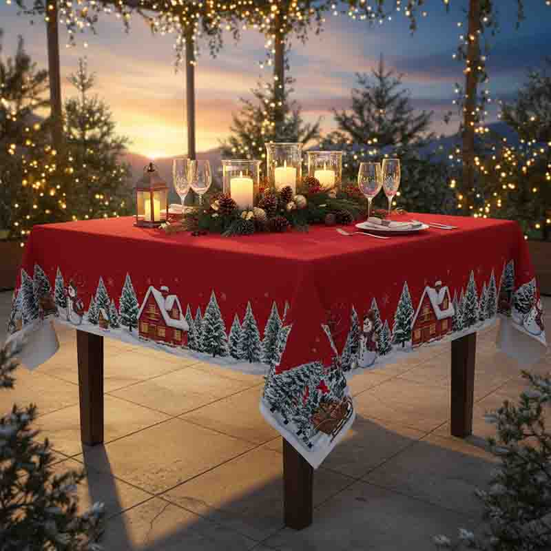 Mantel Navideño Mod. Paisaje Nevado Rojo de Poliéster - Imagen 3