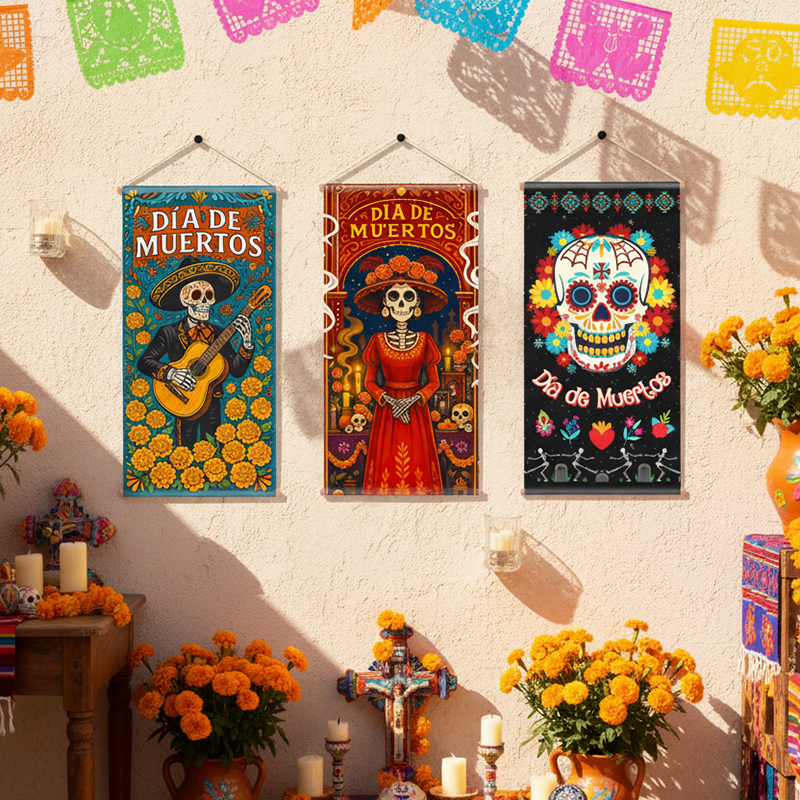 Set de 3 Pendones Día de Muertos con Catrina y Calaveras - Imagen 3
