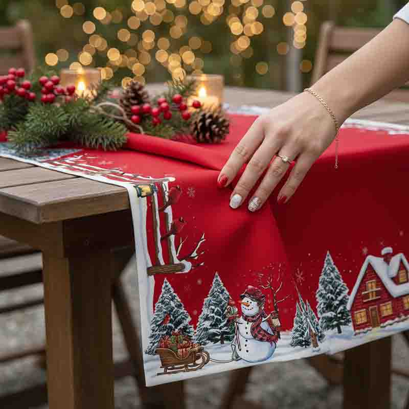 Mantel Navideño Mod. Paisaje Nevado Rojo de Poliéster - Imagen 4