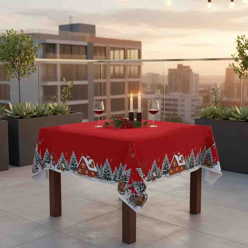 Mantel Navideño Mod. Paisaje Nevado Rojo de Poliéster - Imagen 5