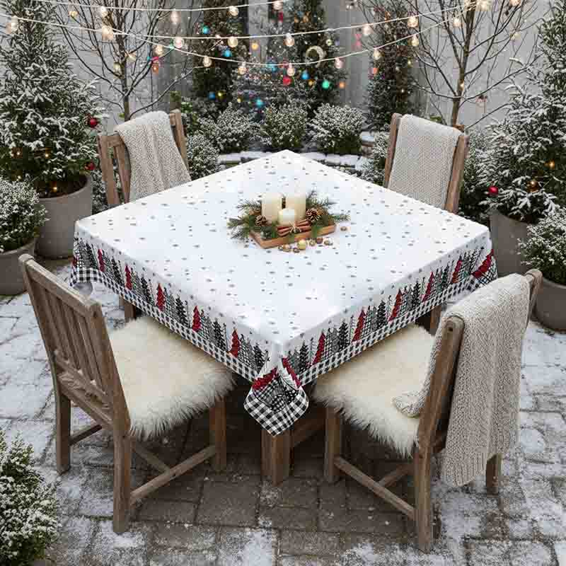 Mantel Navideño Mod. Navidad Clásica Blanco con Pinos - Imagen 5