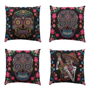 Set de 4 Cojines con Diseños Mexicanos Mod. Calavera Huichol Tradicional