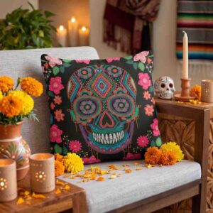 Cojín con Flores Mod. Calavera Colorida Huichol