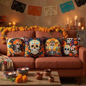 Set de 4 Cojines Día de Muertos Mod. Calaveras de Cempasúchil Resplandeciente