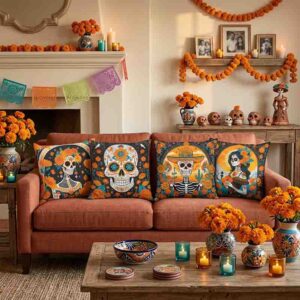 Set de 4 Fundas Día de Muertos Mod. Catrina y Tradición mexicana