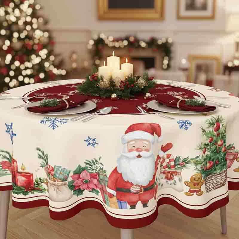 Mantel Navideño Redondo con Santa Claus y Regalos para Mesa Mod. Magia Navideña