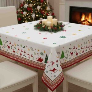 Mantel Navideño con Renos y Santa Mod. Blanca Navidad