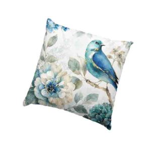Funda de Cojín con Ave Azul y Flores en Acuarela