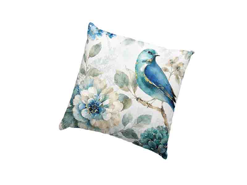 Funda de Cojín con Ave Azul y Flores en Acuarela
